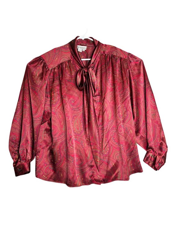 Evan-Picone Tops - Evan Picone Womens 22W Red Paisley Blouse Tie Neck Long Sleeve Vintage Polyester